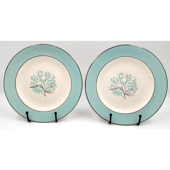 Sevron Dinnerware Blue Lace 8 1/4” Salad Plate Silver Trim 1950's Set of 2 - Picture 1 of 8
